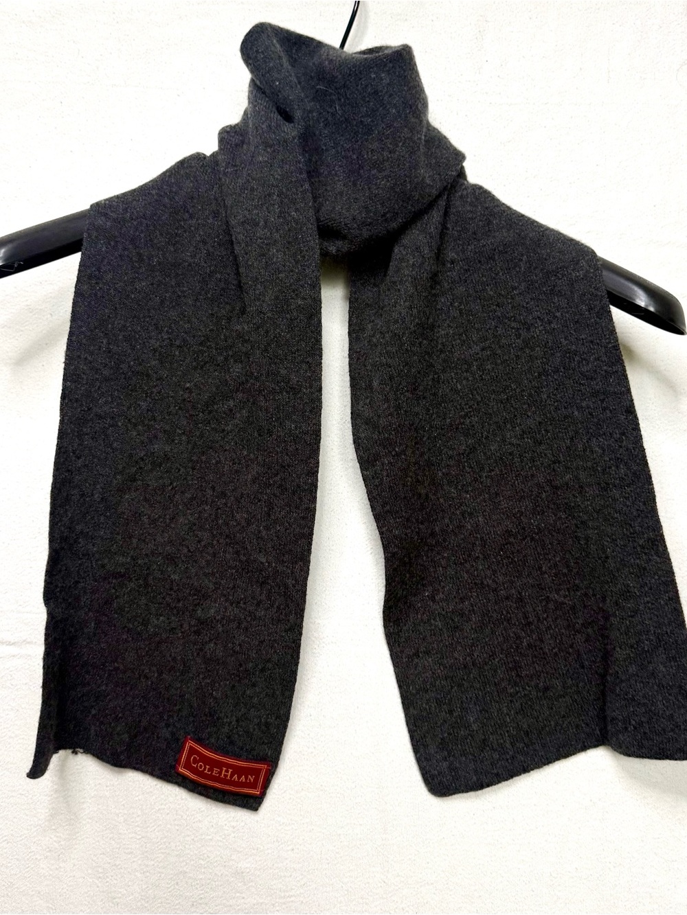 Cole Haan Preppy Unisex Charcoal Knit Scarf with Red Logo Patch